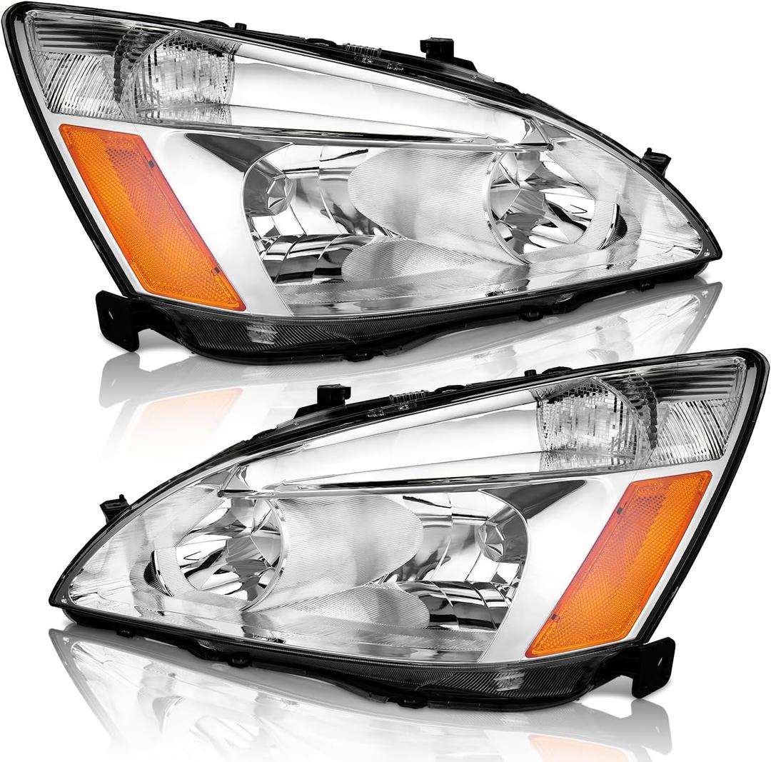 Headlights for 03-07 Honda Accord DX/LX/EX/VP/SE/Special 2/4 Door
Clear Lens Chrome Housing Amber Reflector Left+Right Side, Plug-and-Play, Halogen Headlamps, OEM:33101-SDA-A01,33151-SDA-A01