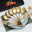 Gold Serving Spoons 10 Pieces, Kyraton Serving Utensils, Serving Set Include 3 Serving Spoon, 3 Slotted Spoon, 1 Serving Fork, 1 Cake Server, 2 Butter Knife Spreaders