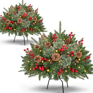 Waipfaru Outdoor Christmas Tree Urn Filler, Prelit Planter Bushes, 22 Inch Lighted Artificial Christmas Tree with Cones & Red Berries for Front Porch Pot Filler Planter Christmas Decorations, 2 Pack