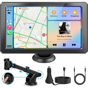 Portable Apple Carplay Screen for Car, 7" HD Car Stereo Touchscreen with Wireless CarPlay & Android Auto, Mirror Link, Bluetooth, Voice Control, Memory Card Playback, AUX - Fits All Vehicles