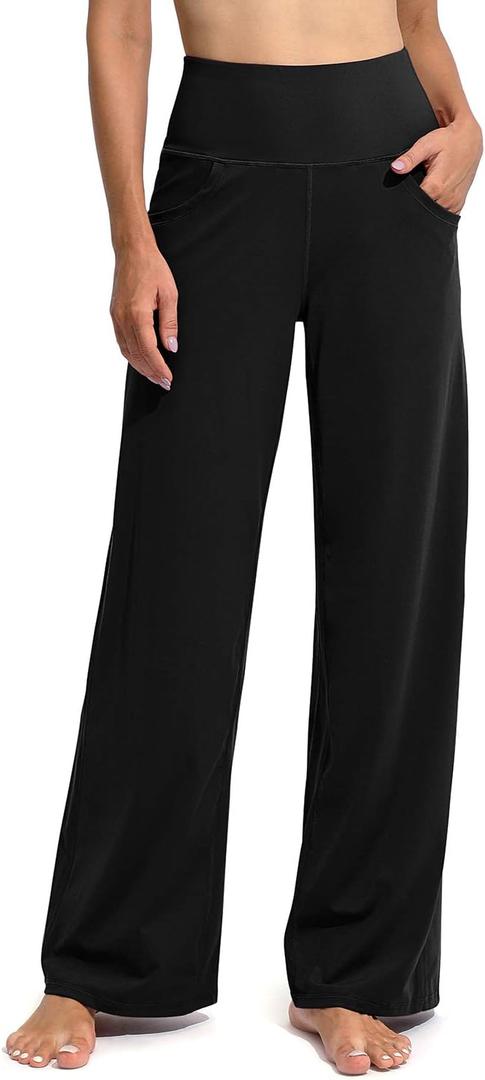 Promover Wide Leg Pants Woman Yoga Pants with Pockets Stretch Loose Casual Lounge Sweatpants Petite/Regular/Tall (Large Short, Black)