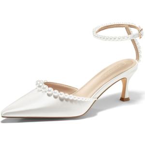 Coutgo Womens Pearl Kitten Heels Closed Pointed Toe Wedding Bride Dress Shoes Ankle Strap Satin Pumps (7, White)