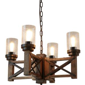 Wood Farmhouse Rustic Chandelier 4 Lights with Glass Shades, 22.8 inches Industrial Dinning Table Pendant Lamp Vintage Edison Hanging Light Fixture, Brown & Black, C0075