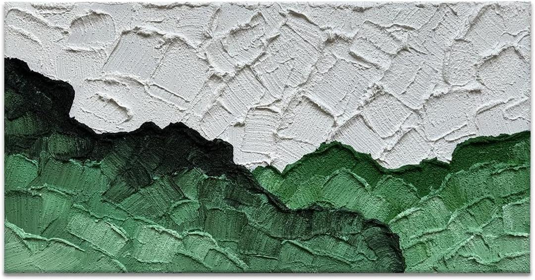 Hand-Painted Green White Texture Oil Painting Modern Abstract Canvas Wall Art Minimalist Color Block Artwork Home Decoration 20x40 Inches