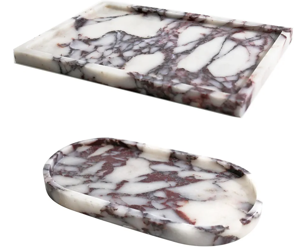 Real Luxurious Natural Marble Vanity Tray Genuine Marble Storage Tray for Home Decor Stone Tray for Bathroom/Kitchen/Vanity/Dresser Non-Resin/Non-Ceramic/Viola Oval Set