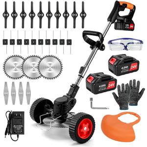 Electric Weed Wacker Cordless,24v Weed Eater Battery Powered 3 In 1 Lightweight Grass Trimmer With 2 4.0 Ah Batteries & Charger, Weed Eater With Blade & Wheels For Women,Lawn Care,Garden,Yard (Orange), 34-47 inches