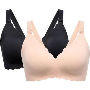Momcozy Nursing Bras for Breastfeeding, Seamless Pregnancy Maternity Bra Wireless Classic Jelly Strip Support Nursing Bra (Large, 2 Pack-black,oyster Pink)