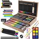 Sunnyglade 145 Piece Deluxe Art Set, Wooden Art Box & Drawing Kit with Crayons, Oil Pastels, Colored Pencils, Watercolor Cakes, Sketch Pencils, Paint Brush, Sharpener, Eraser, Color Chart (Tan)