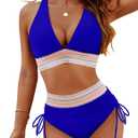 Blooming Jelly Women High Waisted Bikini Sets Tummy Control Swimsuits Color Block Two Piece Drawstring Bathing Suit (Medium, Royal Blue)