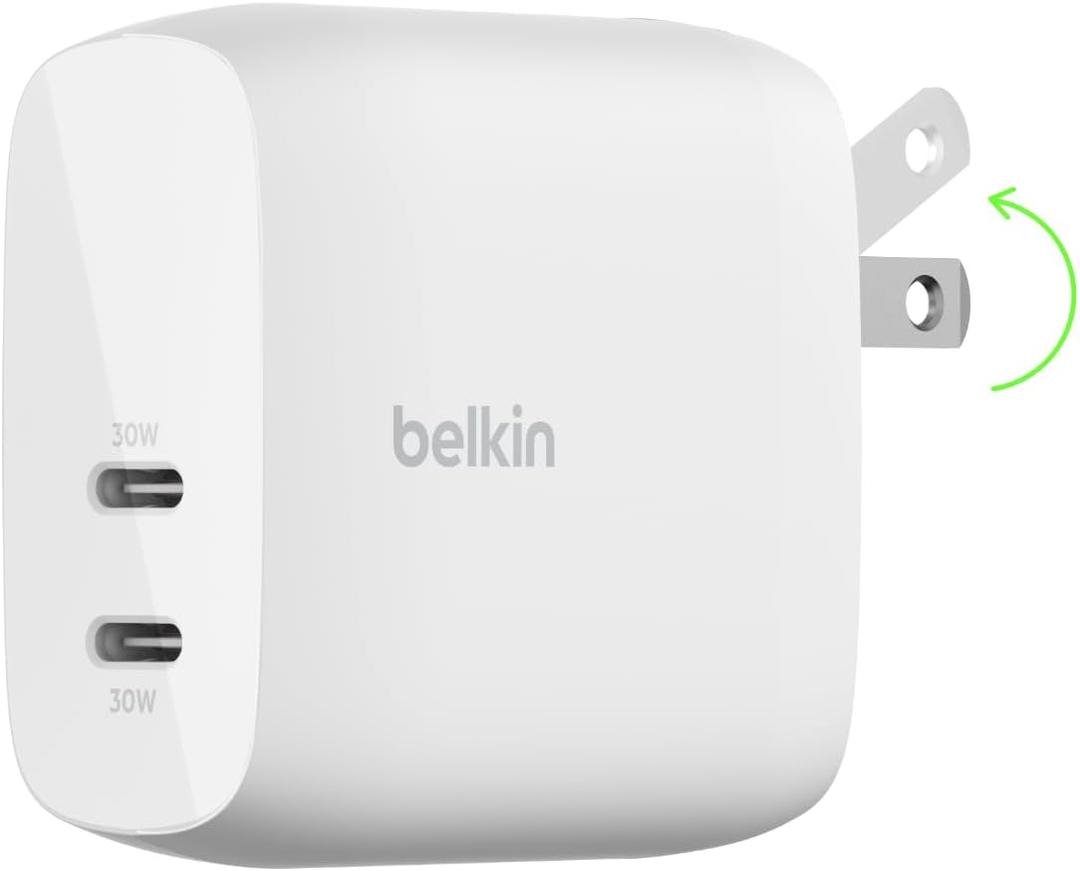 Belkin BoostCharge Dual USB-C Wall Charger w/PPS 60Wfor Apple iPhone 16, 16 Plus, iPad, Galaxy S25, Google Pixel, Nintendo Switch 2 - Compatible w/C to Lightning & C to C Cables - White