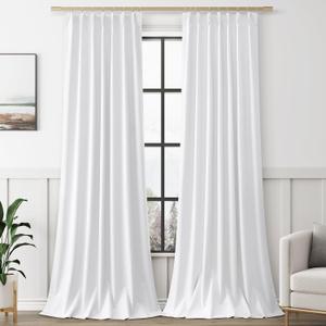 White Blackout Curtains 96 Inches Long for Bedroom Pinch Pleated Boho Modern Sun Light/Heat Block Curtains Cotton Textured White Black Out Curtain Drapes for Living Room Sliding Door 40"Wx96"L
