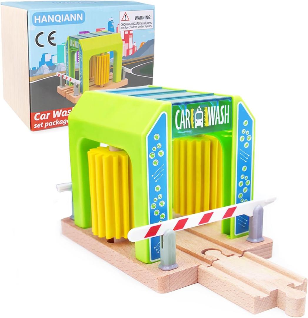 Wooden Car Wash Station with Train Truck,Expansion Pack Compatible with Railway Train Set,Wooden Toy Train Accessory for Kids Age 3 and Up