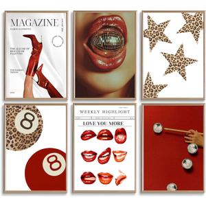 6Pcs Red 8 Ball Leopard Wall Art Y2k Vintage Trendy Boots Wall Decor Pictures Preppy Disco Ball Canvas Poster Prints for Girls Bedroom Dorm Apartment Decorations,Unframed 8x10in