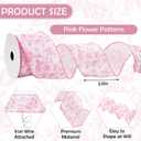 Floral Wired Edge Ribbon Roll Pink Flower Chinoiserie Fabric Ribbon for Wreath Bow Making DIY Crafts Gift Wrapping, 12 Yard