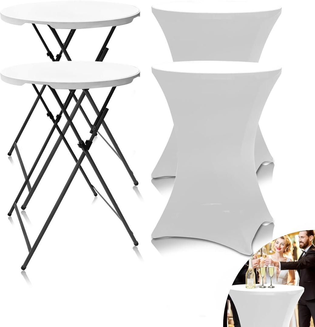 2 Sets 32in Round Folding Cocktail Tables with Spandex Stretch Table Covers for Indoor Outdoor Use Portable Ideal for Parties Events Dining and Gatherings (White Set+2cloth), 2+2 SetB