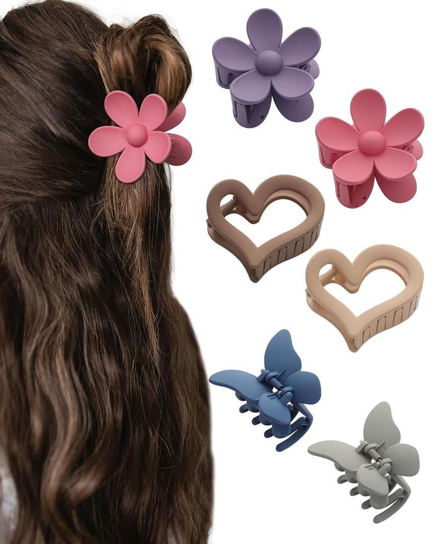 HAIMEIKANG 6 PCS Hair Claw Clips - Matte Flower, Heart, Butterfly Hair Claw Clips for Women Girls - Non-Slip and Strong Hold for Thin/Medium/Thick Hair