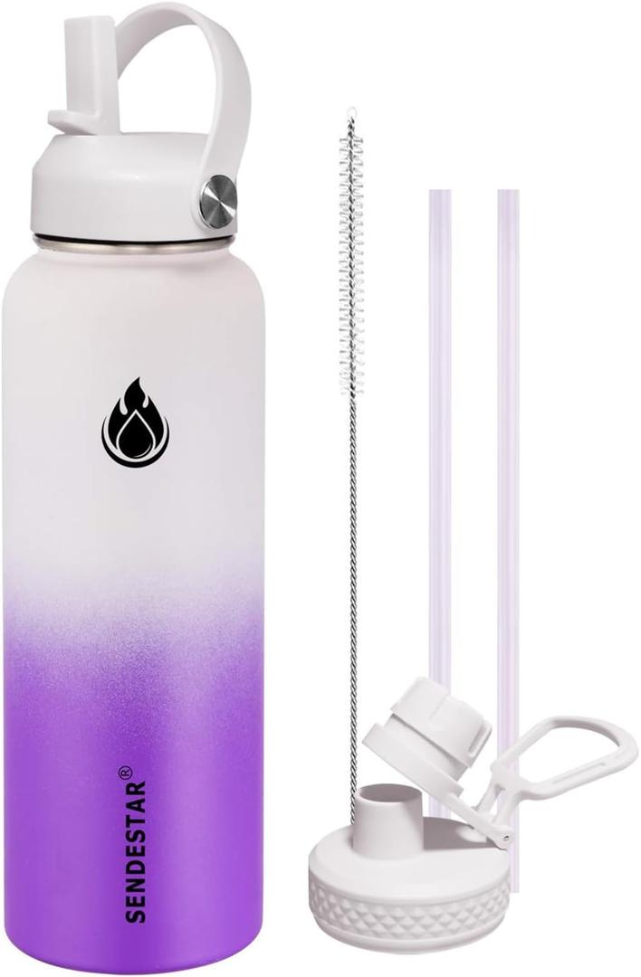 SENDESTAR Water Bottle 32oz Double Wall Vacuum Insulated Leak Proof Stainless Steel Sports Water BottleWide Mouth with New Flex Straw Lid & Spout Lid (White&Voilet)