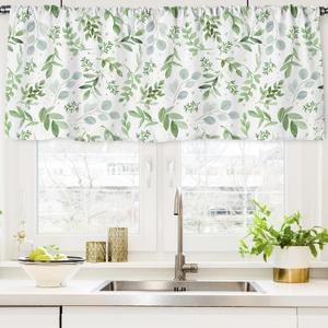AnyDesign Eucalyptus Leaf Kithen Curtain Valance Watercolor Greenery Valance Curtain Spring Rod Pocket Green Leaves Short Toppers Window Treatment for Summer Home Window Decor, 54 x 20 Inch