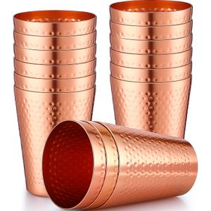 Nuogo 12 Pieces Aluminum Drink Cup, Copper Water Tumblers,14 oz Metal Cups for Drinking, Hammered Surfaces Mirror Finish Stackable Cold Drink Glasses for Red or White Wine Iced Coffee and Moscow Mules (Gold)