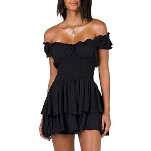 AOHITE Womens Summer Tube Top Dress Off-Shoulder Ruffled Flowy Mini Short Dresses S