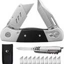 Folding Utility Knife with Sheath and 10 Razor Blades, Heavy Duty Box Cutter Knife with Dual Blades, Construction Knifes Electrician Knife for Carpet Cardboard Work, Pocket Knives Set Gift for Men