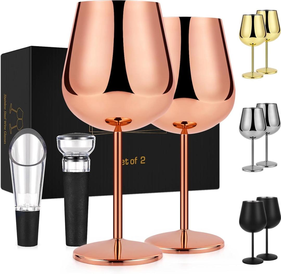 LiqCool Rose Gold Wine Glass - Stainless Steel & Copper Metal Wine Glasses Set of 2, 21 Oz Large Stemless, Portable for Outdoor & Valentine's Day