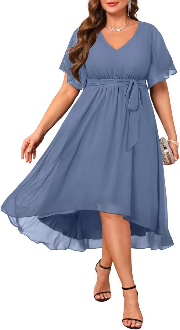 Plus Size Dresses Wedding Guest - Formal Cocktail Chiffon V Neck Short Sleeve High Low Dress Curvy Women (16 Plus, Dusty Blue)