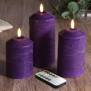 Eywamage Purple Flameless Pillar Candles with Remote, Real Wax Flickering Battery Operated LED Candles, Set of 3