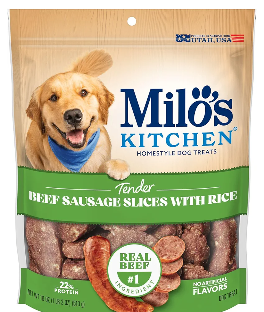 Milo's Kitchen Beef Sausage Slices With Rice Dog Treats, 18 Ounce, BB Date: 03/28/2026