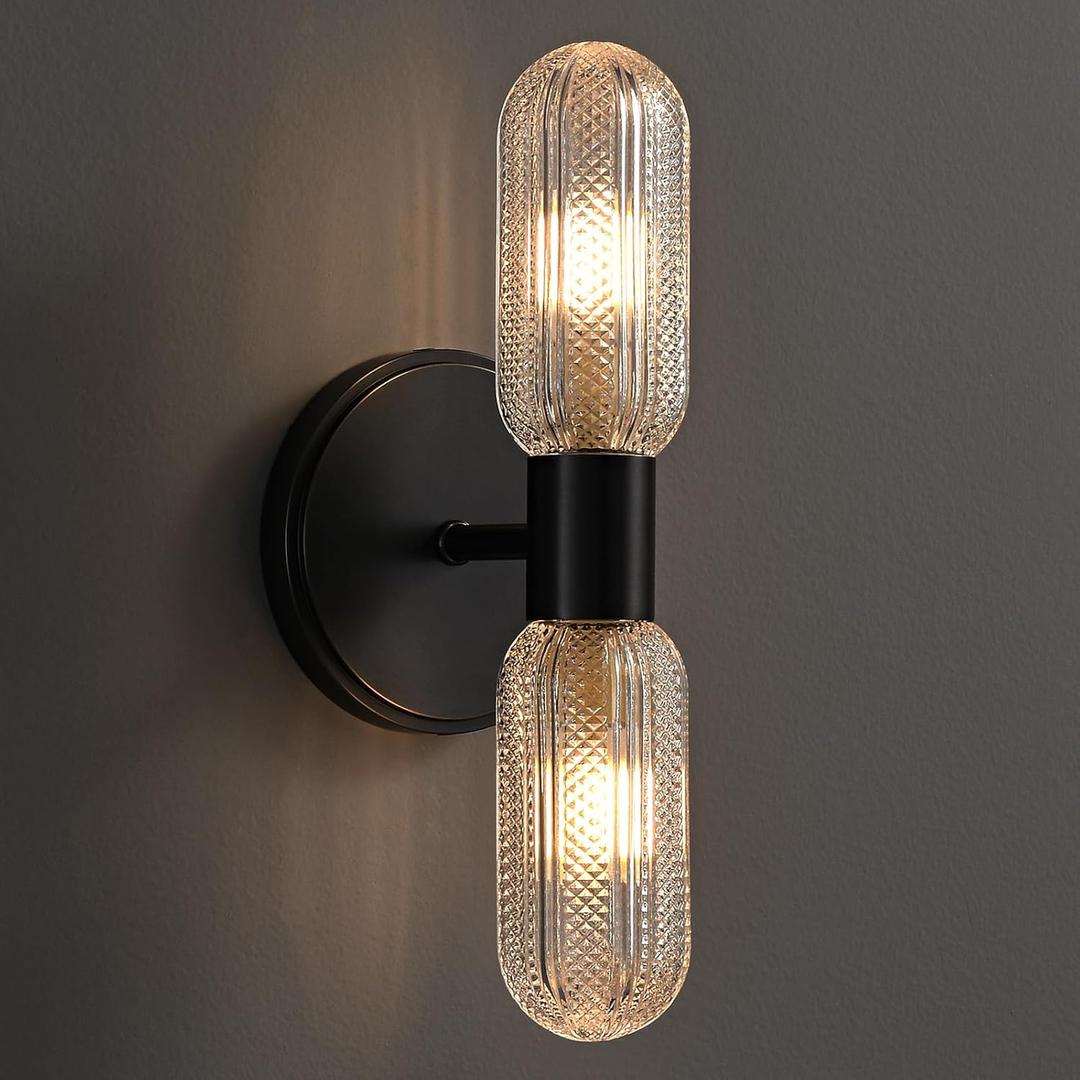 Matte Black Wall Sconces,12.3in 2-Light Knurled Glass Sconces Wall Lighting, Bathroom Brushed Brass Sconce, Wall Lights for Living Room Vanity Hallway Bathroom MirrorEntrance
