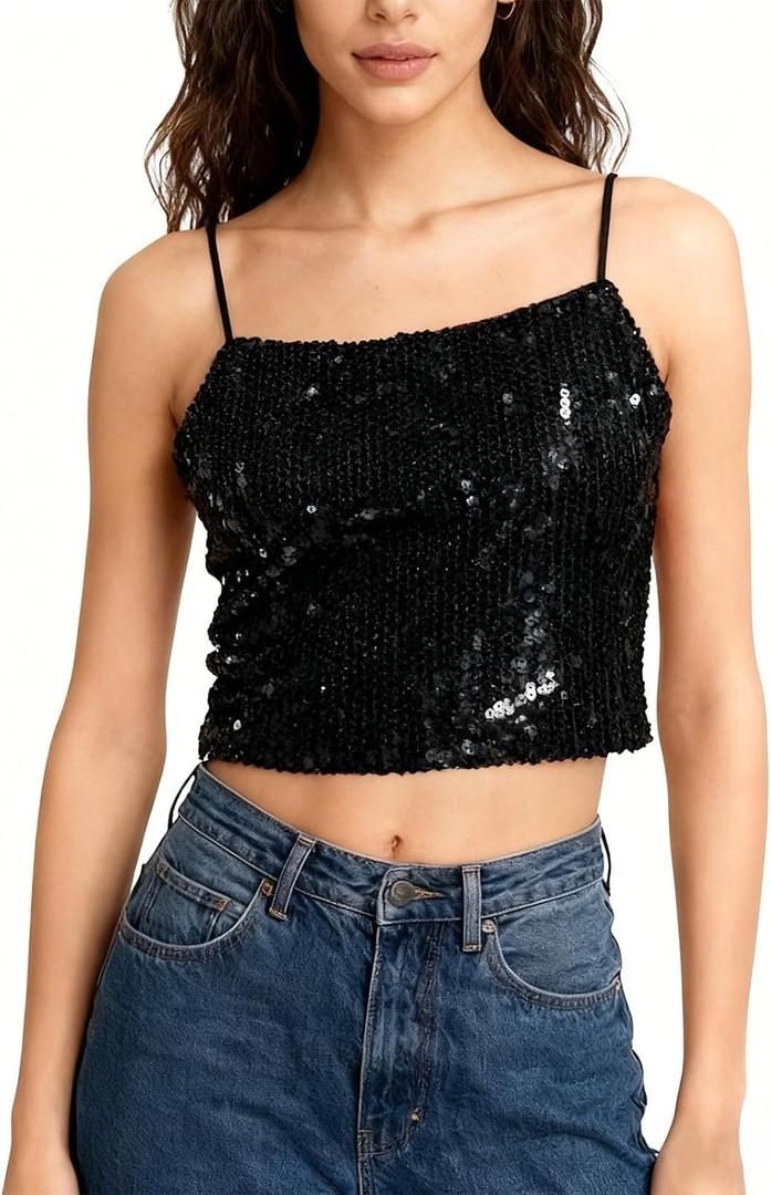 Sequin Cami Top Square Neck Sparkly Tank Top Sleeveless Party Camisole Shirts (XS)