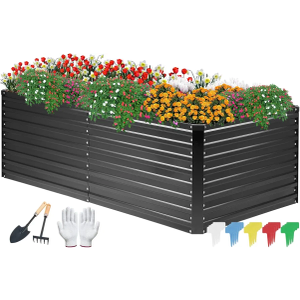 DTIG Galvanized Raised Garden Bed for Vegetables Flowers Herbs, Tall Metal Raised Garden Bed Kit with Garden Tools, Gloves, Plant Labels, Black 6×3×2FT