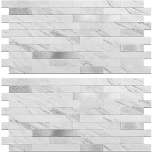 Peel and Stick Backsplash Tile Waterproof Removable PVC Wall Sticker 3D Faux Stone Marble Brick White Accent Panels (White Marble - Metal Silver, 40 Tiles - 18 sq. ft. (1.68 m)