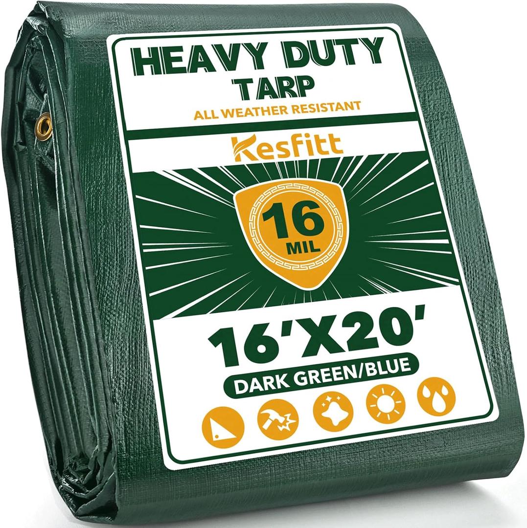 Kesfitt 16 Mil Heavy Duty Waterproof Tarp with Metal Grommets, Dark Green & Blue Reversible Poly Tarp, 16x20 ft, for Outdoor Protection, Yard, Garden, Farm, Camping & Equipment Coverage