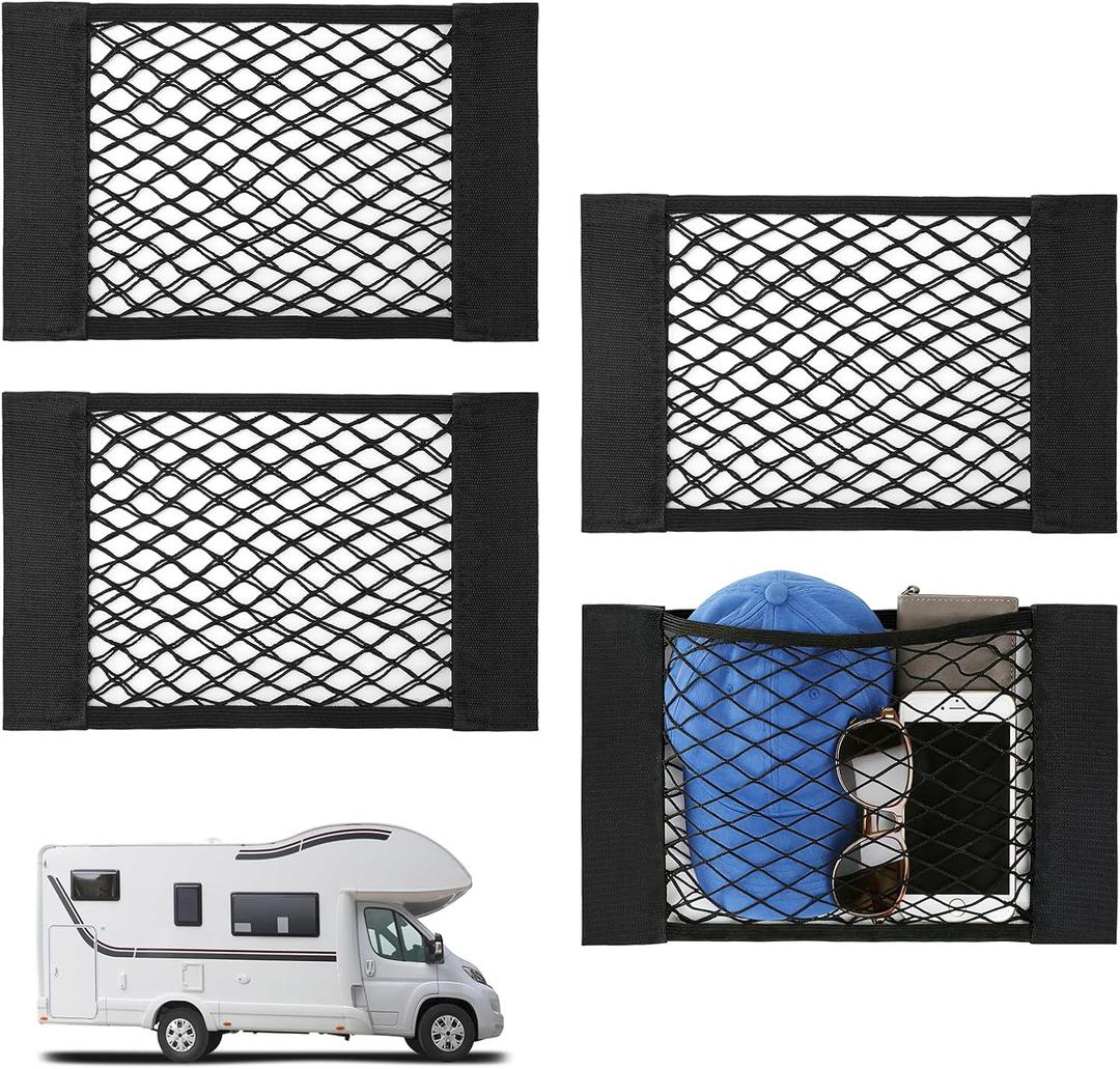 Bigmeta 4PCS RV Cargo Storage Mesh Net with Sticker | Elastic Stretchable Netting Pocket, Fits SUV & Truck, Size 15.4"×9.4", Keeps Small Items Organized and Secure