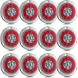 Riakrum 12 Pcs 4 Inch Round LED Trailer Tail Lights 16 LEDs Waterproof Stop Turn Brake Backup Reverse Running Lights with Rubber Grommet Sealed Round Red White LED Lamps for Trailer Truck RV (Classic)