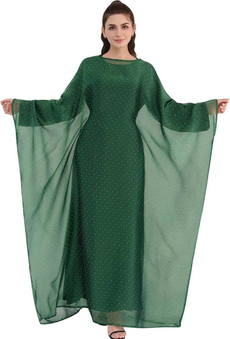 khalat Abaya Dress for Women Muslim Lightweight Organza Rhinestone Prayer Outerwear Loose Flowy Islamic Dubai Abaya Dress, One Size (Green)