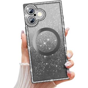 Misscase Magnetic Glitter Case for iPhone 17 6.3 Inch, Camera Protection, Compatible with MagSafe, Rectangle Cute Bling Sparkle Diamond Colorful Phone Cover, Drop-Tested & Shockproof-Black