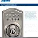 Schlage Camelot Electronic Keypad Deadbolt Lock, Keyless Front Door Entry, Mechanical Key Backup Included, Satin Nickel, BE365 V CAM 619