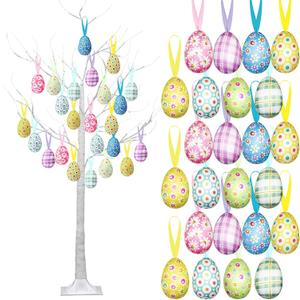Aurelema 4 ft Easter White Birch Tree with 48 LED Lights, USB Powered Timer, 24 Hanging Easter Egg Ornaments, Tabletop Artificial Tree for Indoor Outdoor Spring Home Decor(Fashionable)