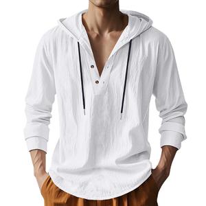 TAFLE Men's Linen Hoodie Lightweight Hawaiian Shirt Casual Beach Shirt with Pockets White