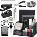 SYMDROMIA 13-in-1 Office Desk Organizer Set with Stapler and Tape Dispenser, Pen Holder, Scissors, Ruler, Hole Punch, 2 Pens & More Desktop Accessories for Back to School Supplies (Black)