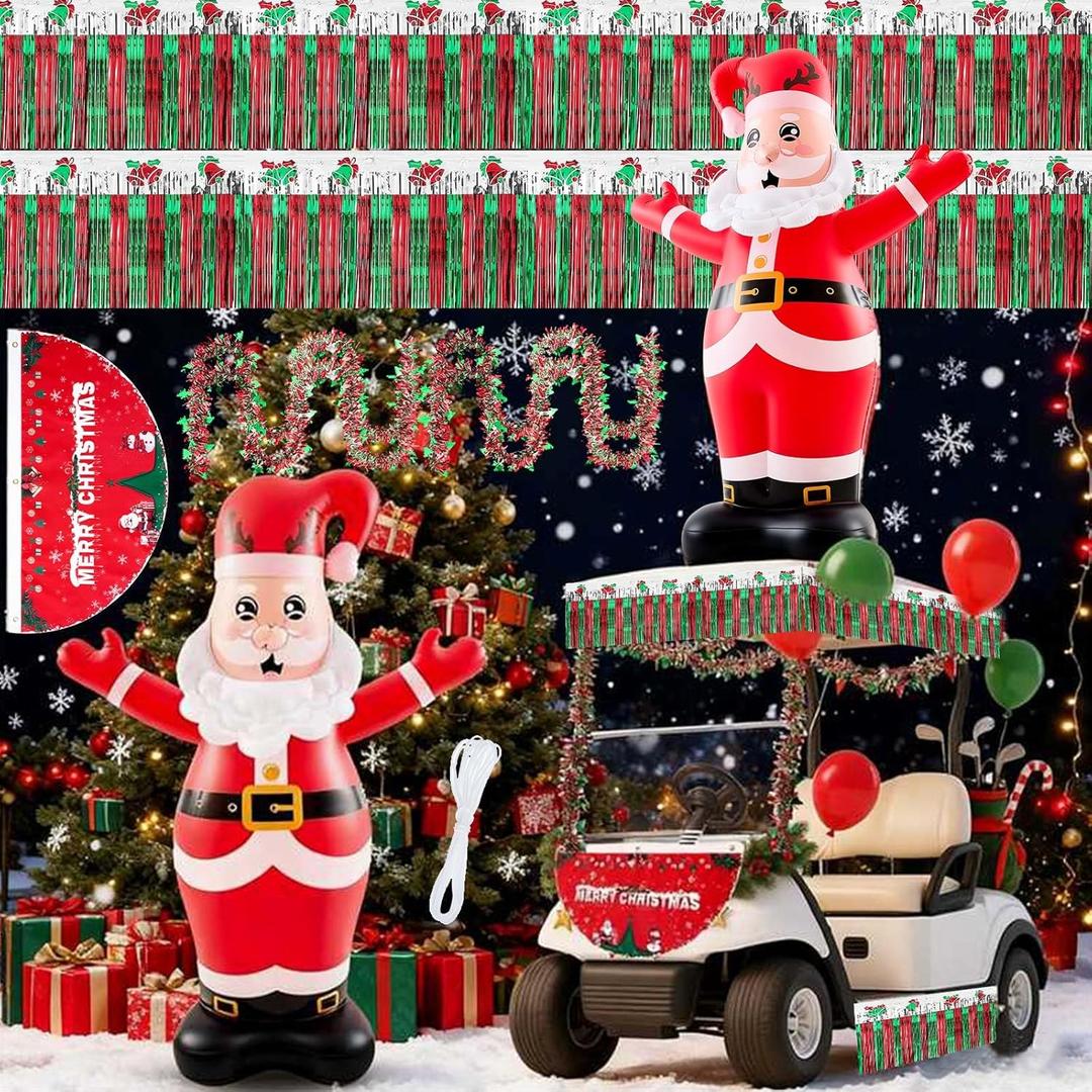 Hungdao 5ft Christmas Golf Cart Decoration Kit Christmas Inflatable Santa Claus PVC Blow Ups Santa Fan Flag Tinsel Garlands Tinsel Streamers Reusable Outdoor Pool Floats Decoration for Parade Yard