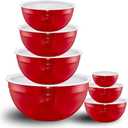 Red Mixing Bowls with Lids Set of 7, Stainless Steel Nesting Bowl with Khaki Lid for Non-slip Mixing Prepping Storing Serving, 7 Sizes-7/3.6/2.7/2.1/1.5/1/0.8 QT