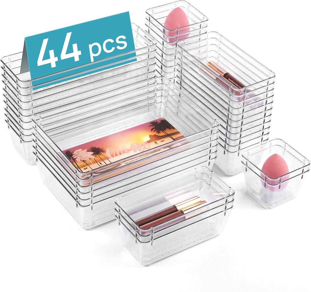 Vtopmart 44 PCS Clear Plastic Drawer Organizers Set, 4-Size Versatile Bathroom and Vanity Organizer Trays, Non-Slip Storage Containers for Makeup, Jewelries, BedroomKitchen Utensils and Office