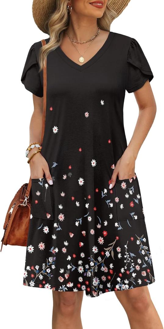 OFEEFAN Womens Summer Dresses 2025 Tulip Petal Short Sleeve V Neck Loose Swing Sundresses with Pockets Plain/Print (S)