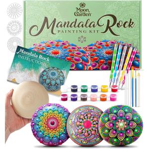 MoonGarden Mandala Rock Painting Kit - Mandala Dotting Tools Kit - Large Wooden Rocks for Painting, Stencils, Acrylic Paints, Dotting Tools for Rocks - Dot Art Kit for Adults & Kids