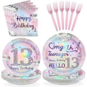 96Pcs 13th Birthday Party Decorations for Girls Teenager Plates and Napkins Iridescence Silver Pink 13th Tableware for Teenager Girls Thirteen Birthday Party Decorations Serve 24