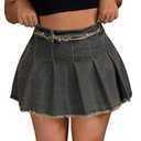 WDIRARA Women's Plus Size Pleated Mini Denim Skirt Y2k Frayed Hem A Line Skirt Dark Wash, XX-Large Plus