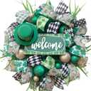 Idyllic 22 Inch St Patricks Day Wreath with Leprechaun Hat Shamrock Ribbons and Glitter Balls for Front Door Fireplace Indoor Outdoor Irish Party Decor